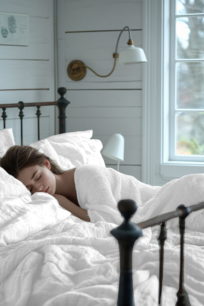 Beautiful girl sleeping in white bed in a white bedroom 100% Tencel