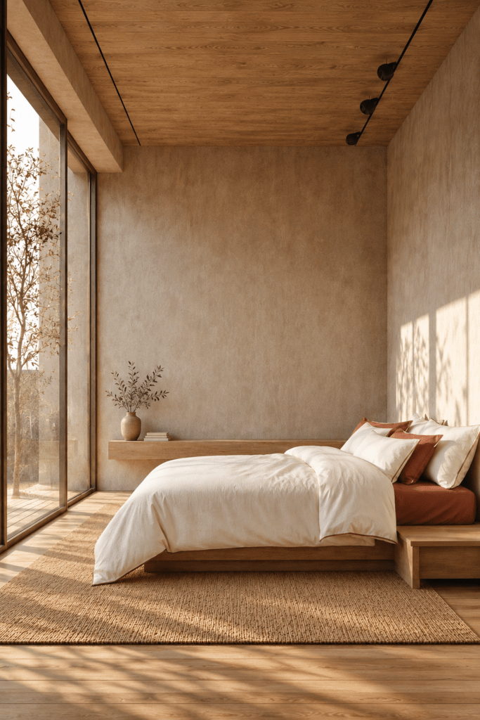 NOMO Gloss Luxe Ivory bedding with Ginger accents in a warm bedroom