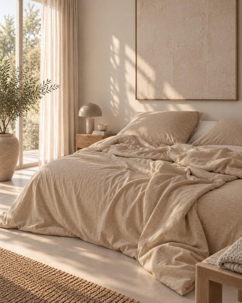 NOMO Jenn Beige bedding in a warm neutral bedroom
