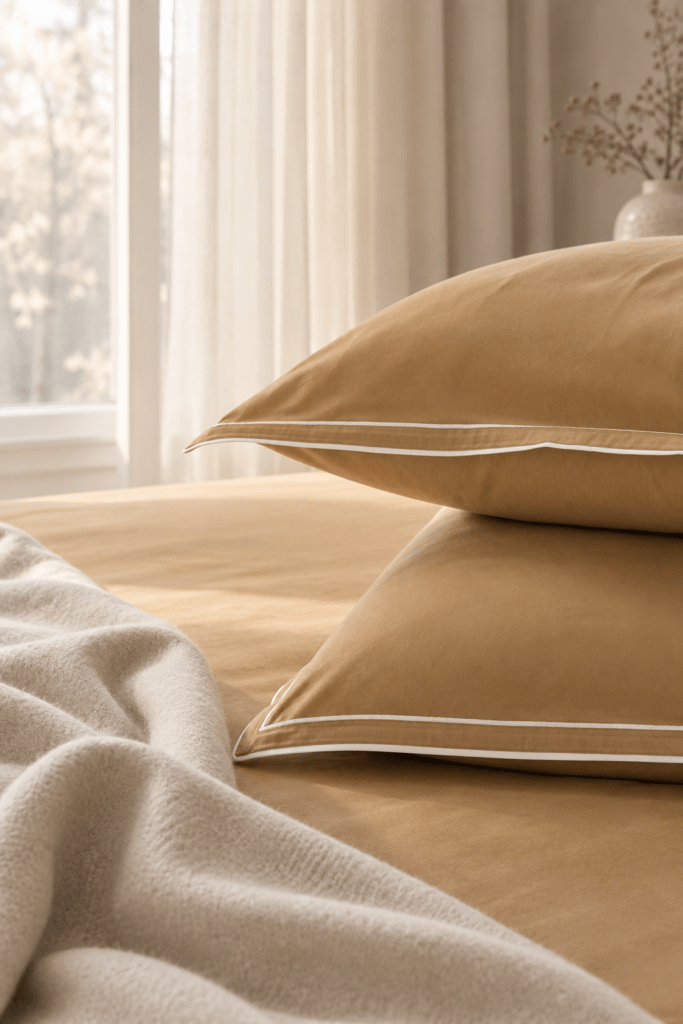 NOMO Sublime Biscuit and Buttermilk bedding detail with piping