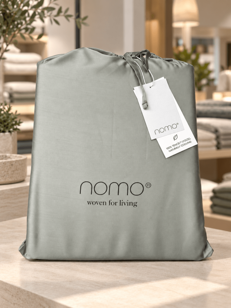 NOMO Tence Eucalyptus bedding in branded fabric packaging